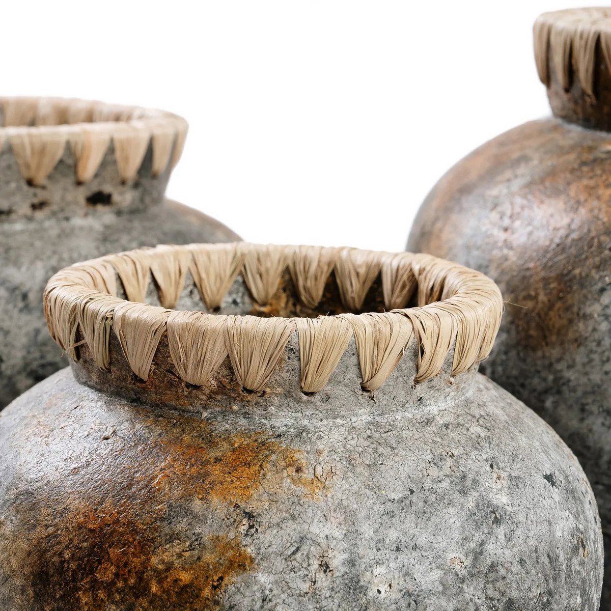 Terracotta Vase - Antique Grey Raffia Vase - Medium