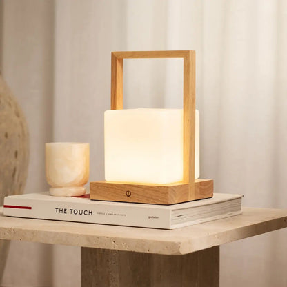 Rubberwood Table Lamp - Light Brown Cordless Dimmable Rechargeable