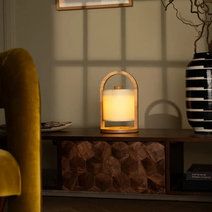 River Light Brown Wooden Rechargeable Lamp | Linen Blend, Versatile & Up to 100 Hours of Battery Life
