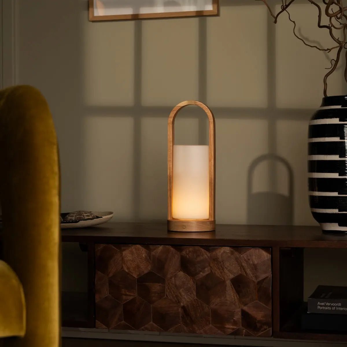 Light Brown Wooden Table Lamp - Cordless Rechargeable Dimmable