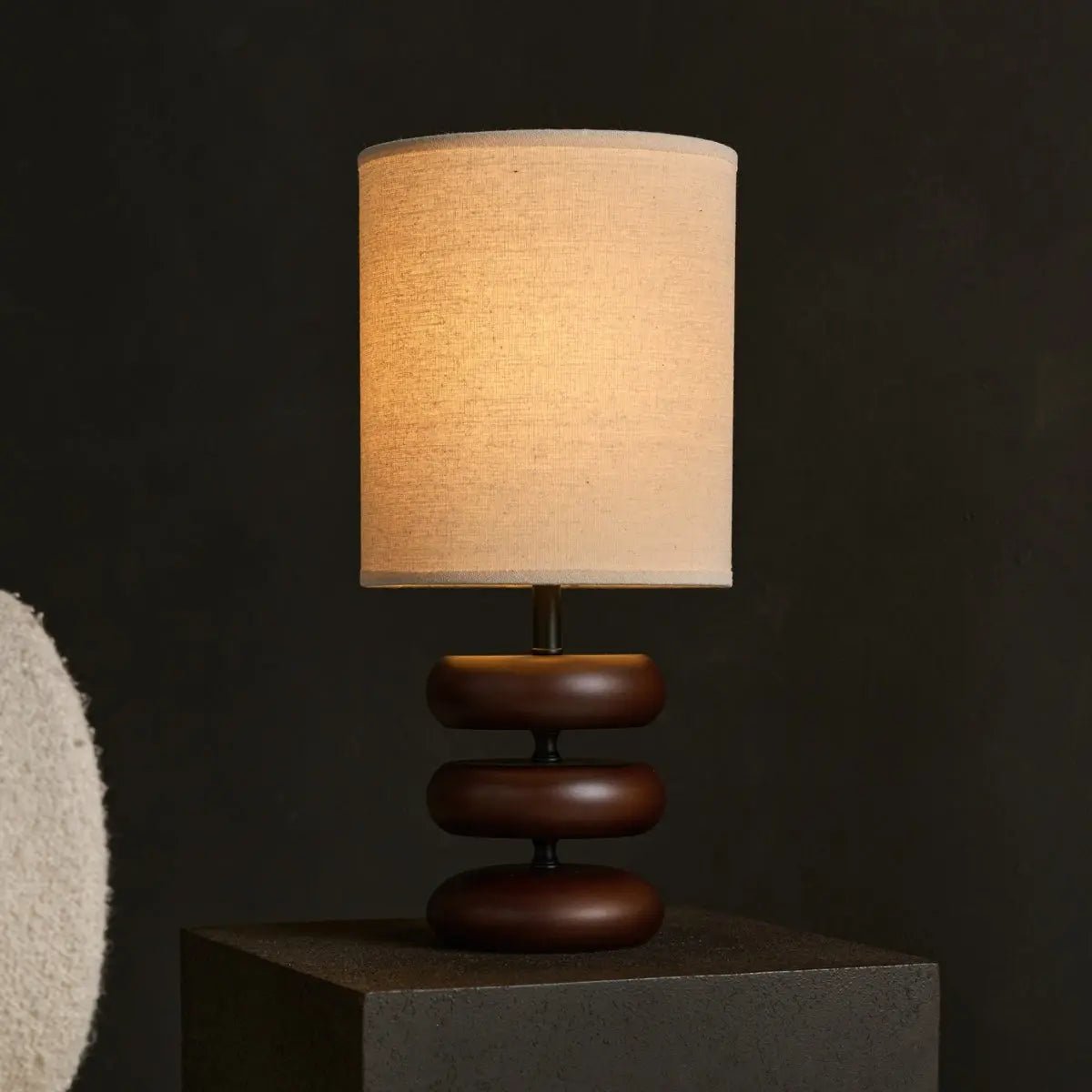 Wooden Table Lamp with Linen Shade - Dark Brown Rustic Home Lighting