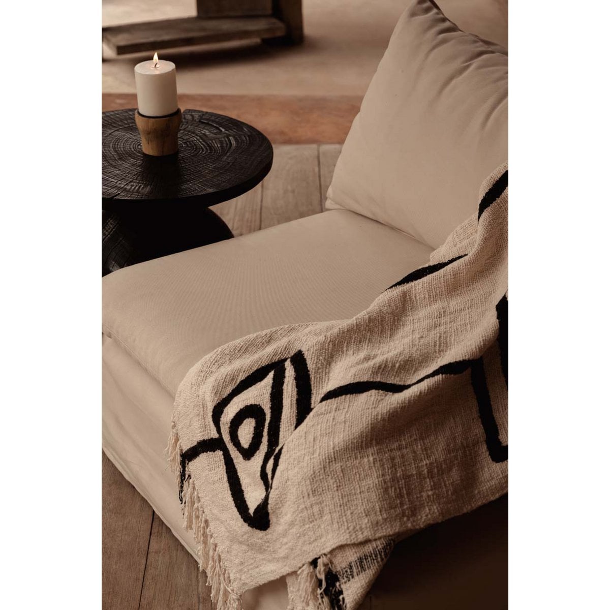 Cotton Bed Throw - Natural Black Evil Eye Design