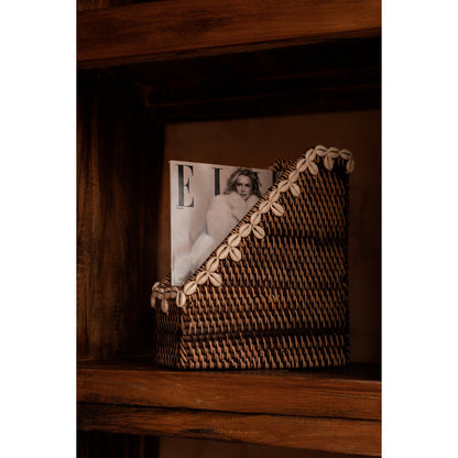 Rattan Desktop Organizer - Natural Brown Shell Edge Design