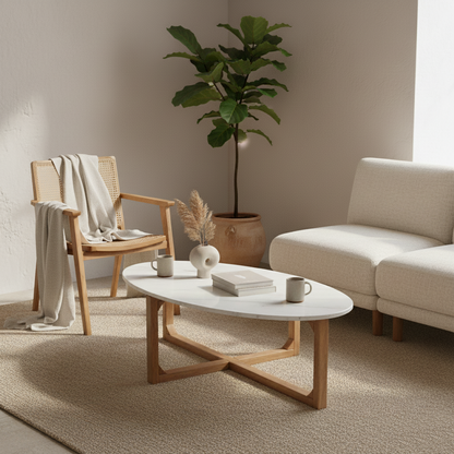 Oval marble coffee table - White - 120x60x38 cm