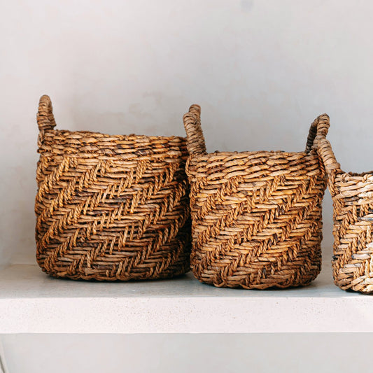 Banana Fibre Woven Storage Basket – Round Boho Laundry or Plant Basket