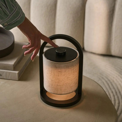Black Wood Rechargeable Table Lamp | Linen Shade & 100-Hour Battery