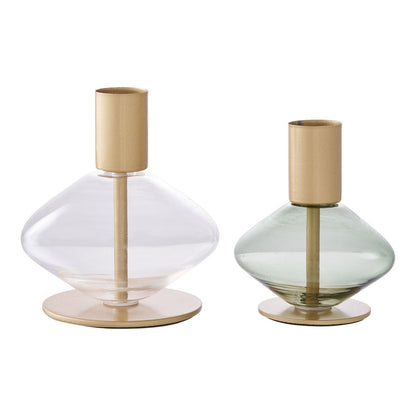 Candle Holder - Gold/Green, Clear, Glass and Metal - Set of 2