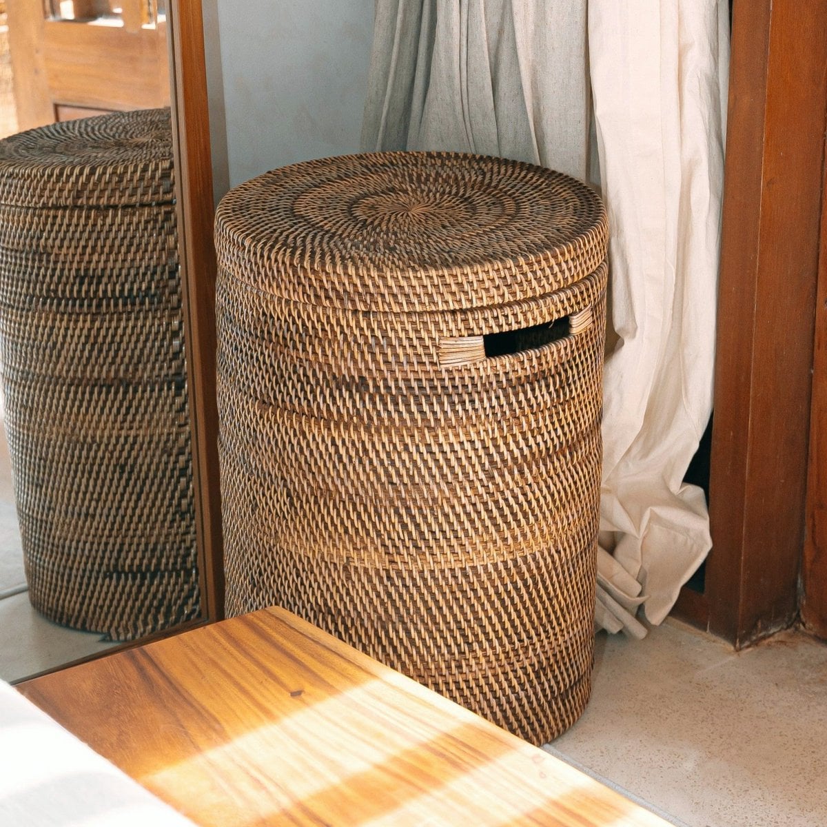 Rattan Laundry Basket with Lid - Boho Woven Storage - Brown