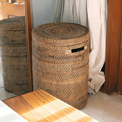 Rattan Laundry Basket with Lid - Boho Woven Storage - Brown