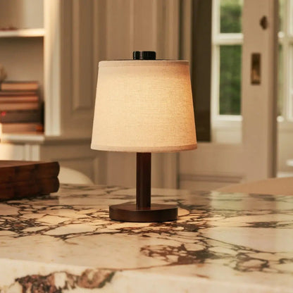 Rover Dark Brown Wooden Rechargeable Lamp | Cordless, Dimmable & Linen Blend
