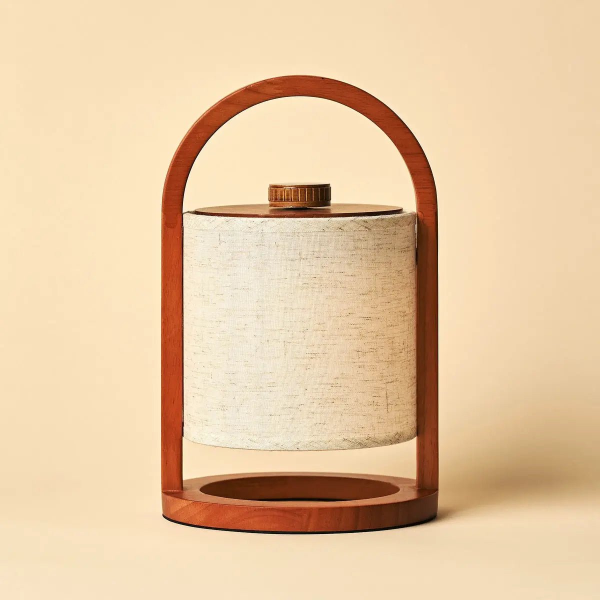Wooden Rechargeable Table Lamp - Chestnut Brown Linen Blend, 27cm
