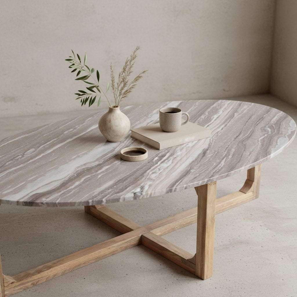 Marble Coffee Table - Oval Fantasy Brown Stone & Mango Wood, 120cm