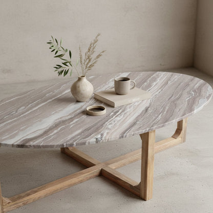 Marble Coffee Table - Oval Fantasy Brown Stone & Mango Wood, 120cm
