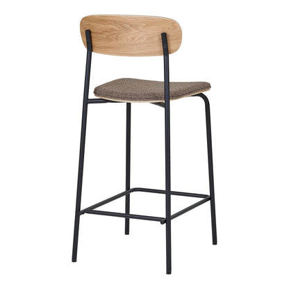 Counter Stools - Ash Wood & Black Metal, Brown Seat, Set of 2