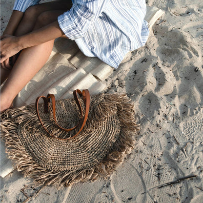 Raffia Shoulder Bag with Fringes - Beige Beach Tote SUMBAWA