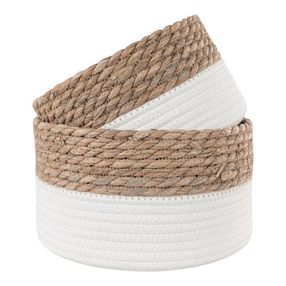 Reed & Cotton Storage Baskets - White/Natural Boho Set, 25cm