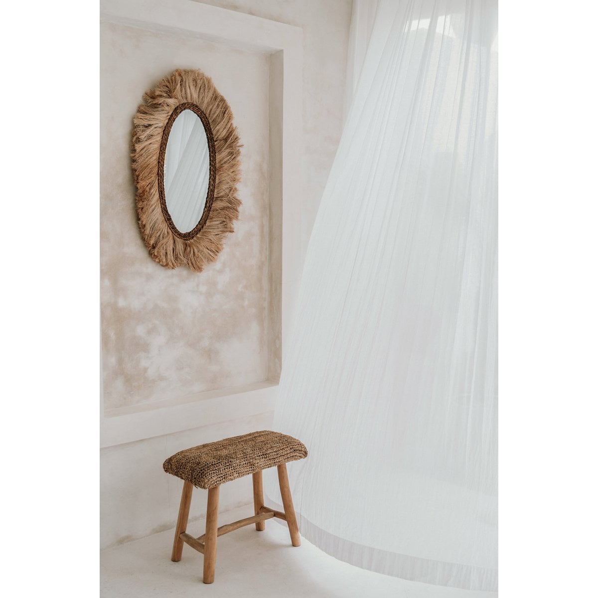 Teak Raffia Bench - Natural Woven Accent Bench for Indoors