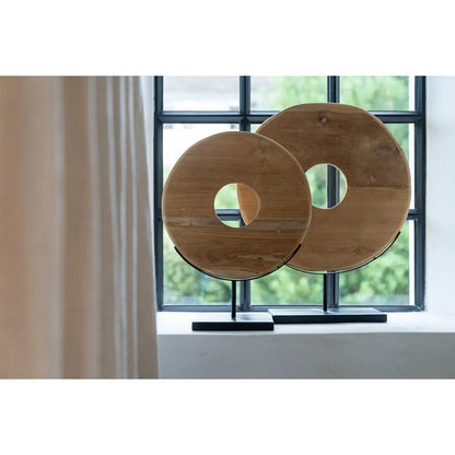 Teak Wood Disc on Stand - Large Decorative Teak Sculpture