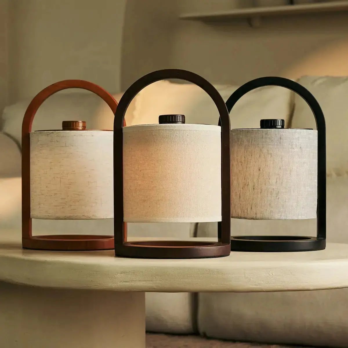 Wooden Rechargeable Table Lamp - Dark Brown Linen Blend, 100-Hour Battery