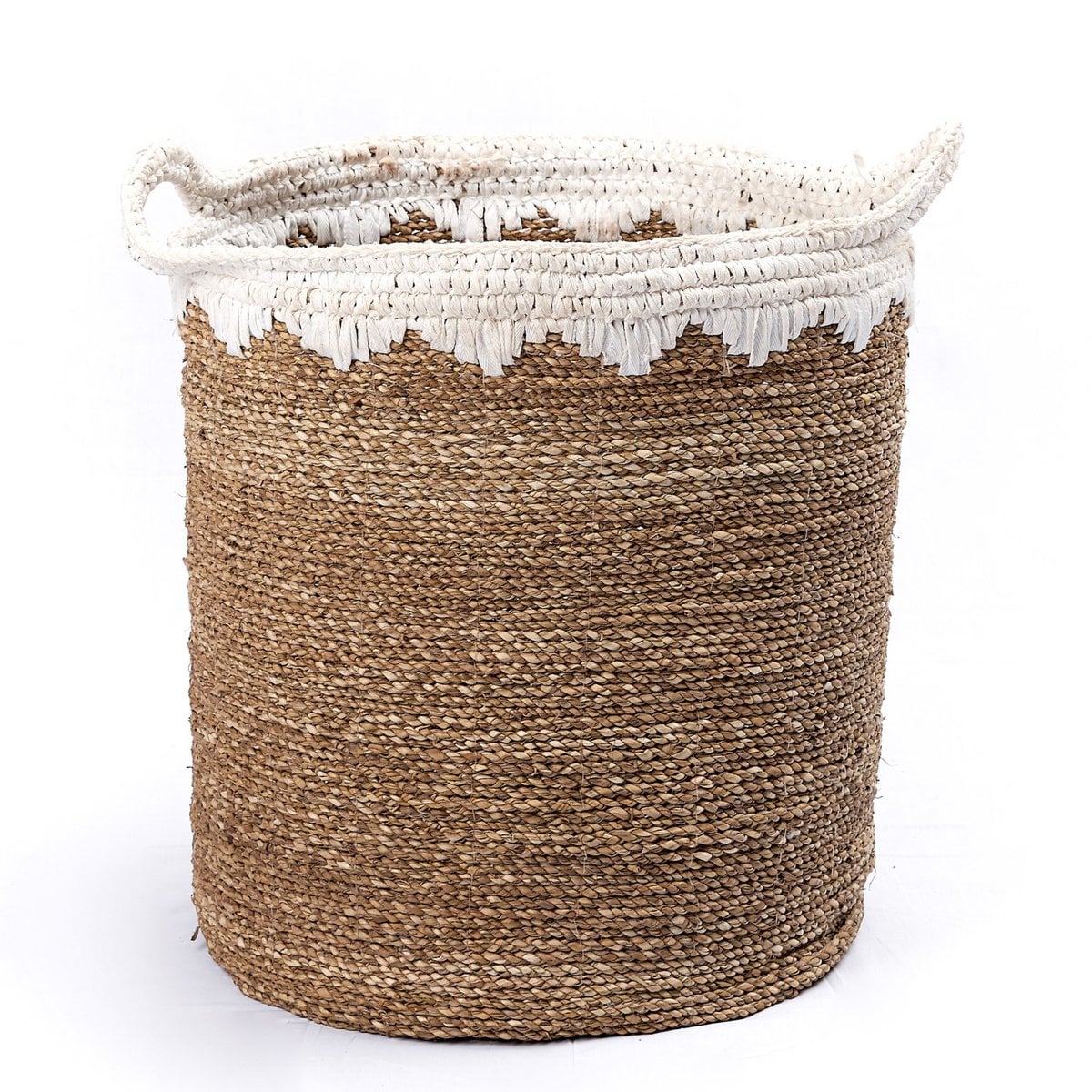 Seagrass Laundry Basket - Large Round Woven Storage Basket, White Cotton