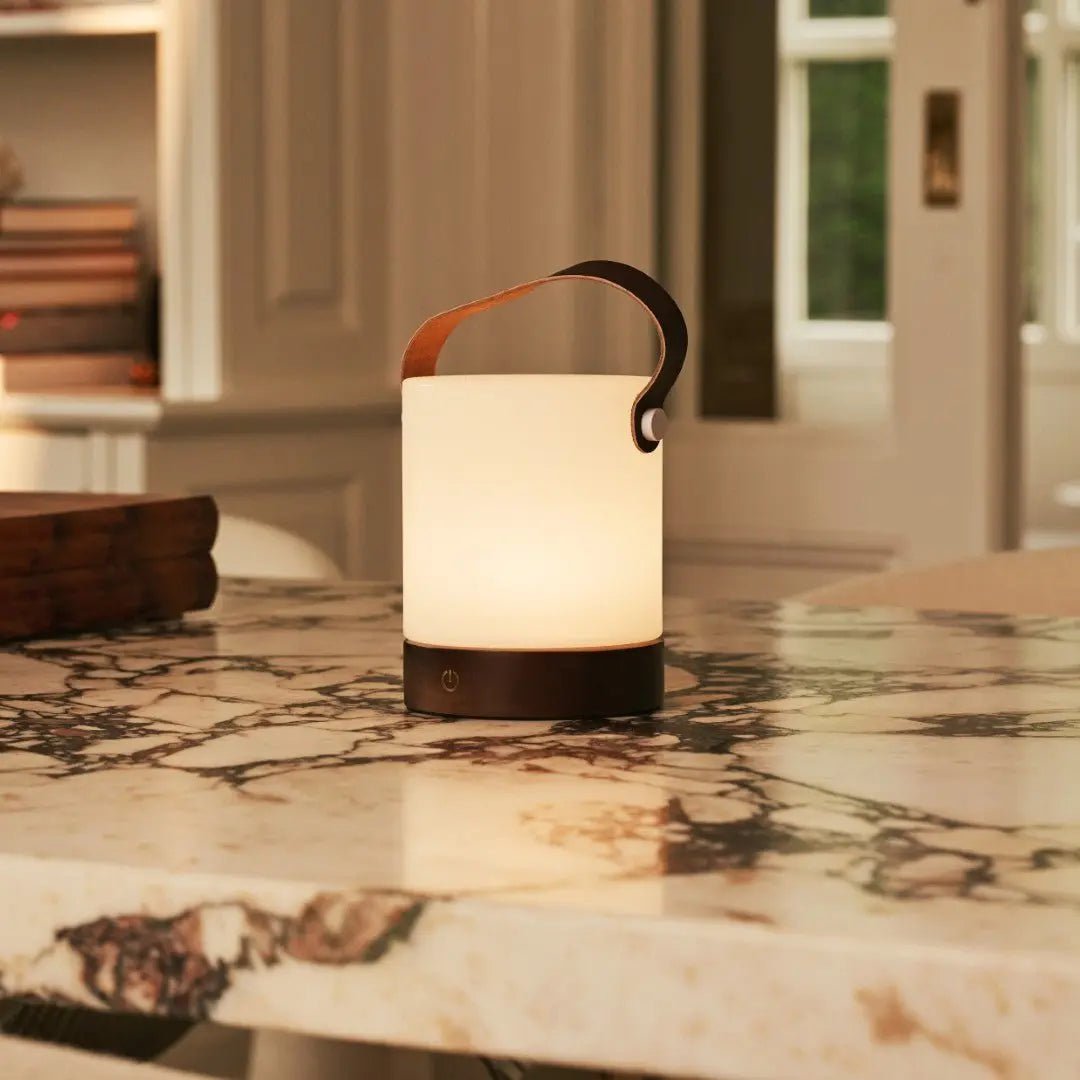 Avery Dark Brown Rechargeable Wooden Table Lamp | Leather Strap, Cordless & Dimmable