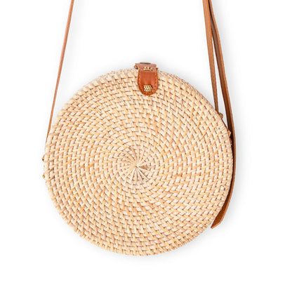 Rattan Crossbody Bag - Beige Boho Bali Bag with Leather Straps