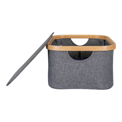 Bamboo Storage Basket with Lid - Dark Grey Polyester, 38x26x16 cm