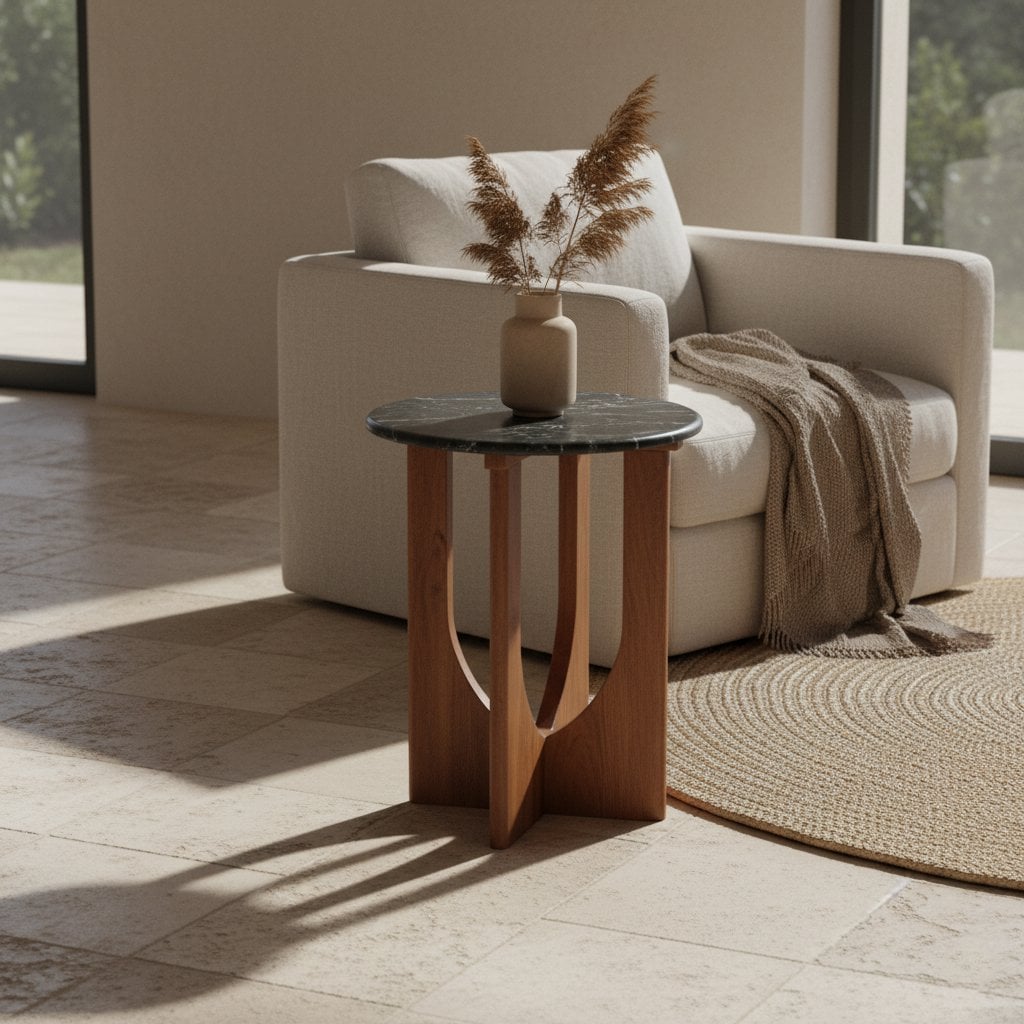 Black Marble Side Table – Mango Wood Base, Modern Accent