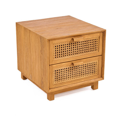 Rattan Nightstand Natural Teak – Woven Bedside Table with Drawers