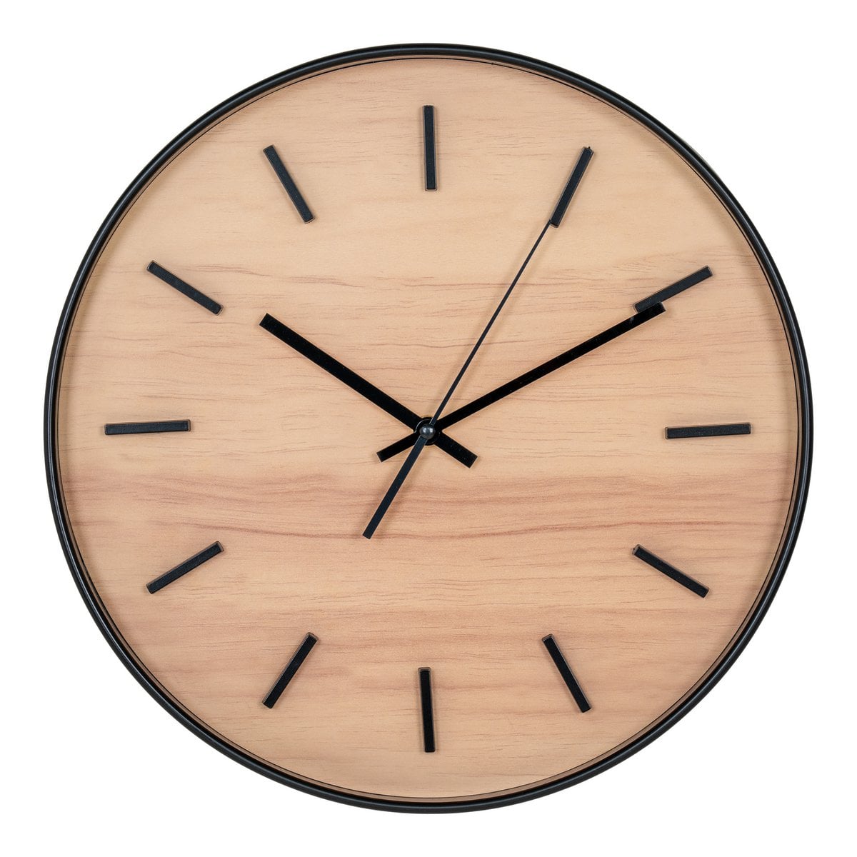Natural Wood Wall Clock - Black Modern Clock, Silent, 35cm