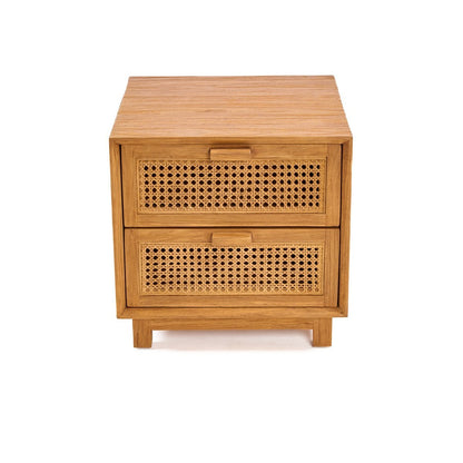 Rattan Nightstand Natural Teak – Woven Bedside Table with Drawers