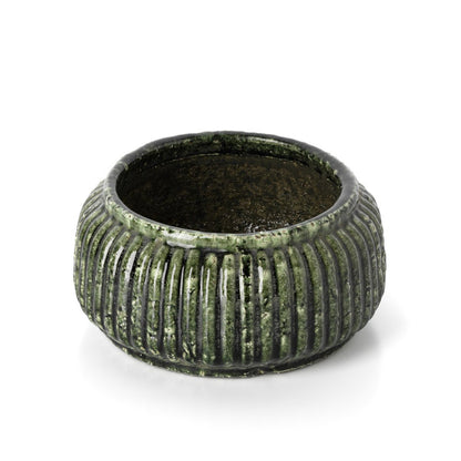 Forest Green Stoneware Bowl Planter – Low Ribbed Indoor Planter