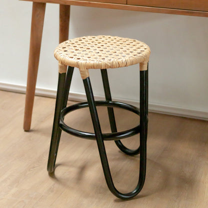 Rattan Stool with Woven Seat – Black Round Accent Stool, 35cm