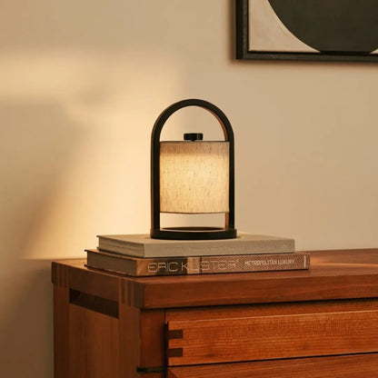 Wooden Rechargeable Table Lamp - Black & Grey Linen Blend, Cordless