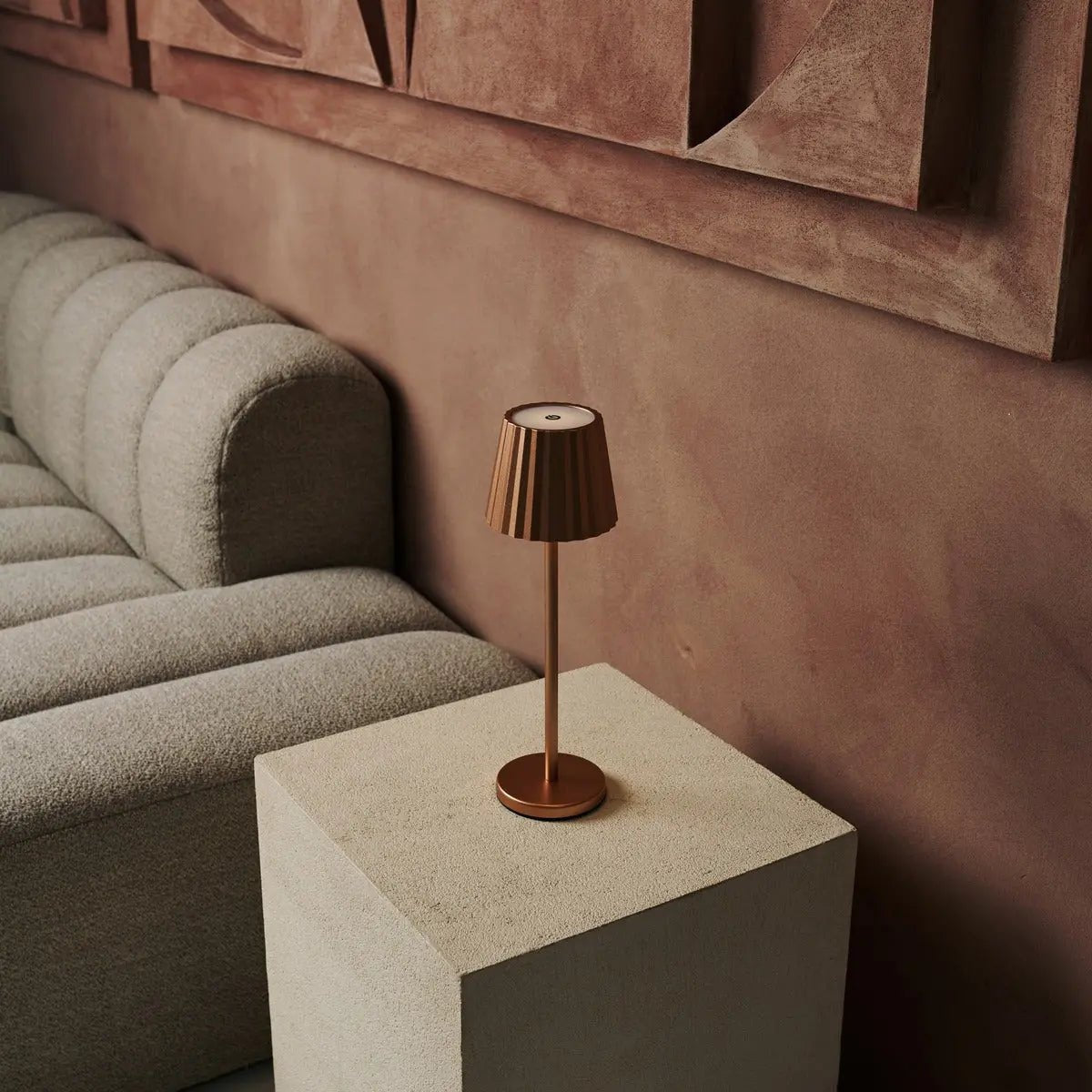 Maya Copper Ribbed Table Lamp | 3 Light Modes & Rechargeable via Charging Station