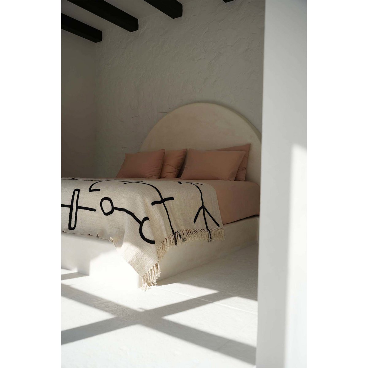 Cotton Bed Throw - Natural Black Evil Eye Design