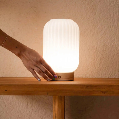 Rubberwood Table Lamp – Light Brown Rechargeable Lamp with 3 Light Modes