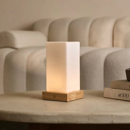Zayn Light Brown Wooden Rechargeable Table Lamp | Dimmable, Glass & Cordless