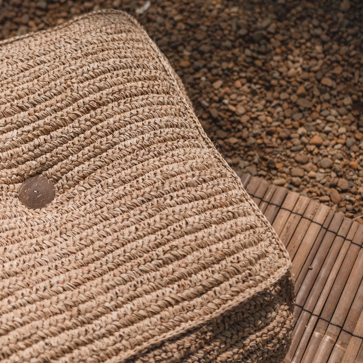 Raffia Pouf Beanbag - Hand Knitted Ottoman, Natural Fiber, Java
