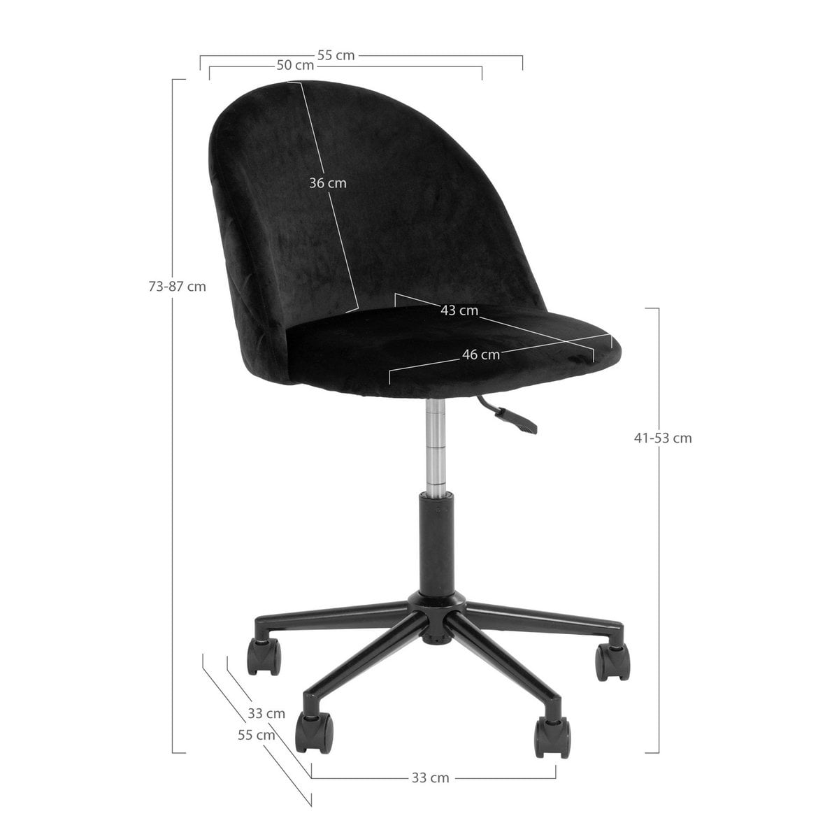 Geneve Office Chair - Black Velvet, Black Legs, 55x55x73 cm