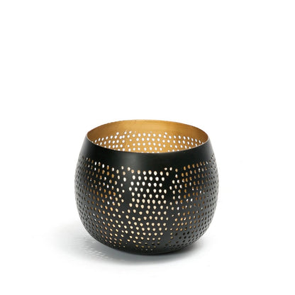 Brass Tea Light Holder – Pierced Ball Design, Black & Gold, Small