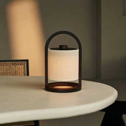 Wooden Rechargeable Table Lamp - Dark Brown Linen Blend, 100-Hour Battery