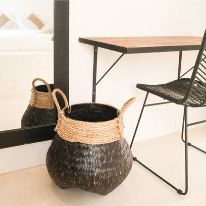 Bamboo & Seagrass Basket - Black Hand-Woven Decorative Plant Basket
