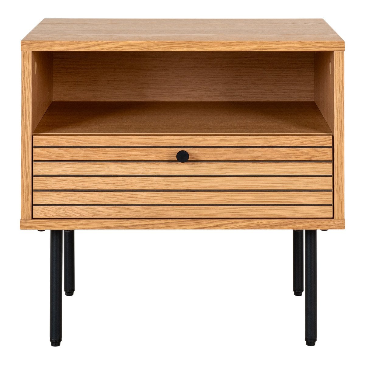 Kyoto Side Table - Side Table, oak veneer, black metal legs, 1 drawer, 50x40x50 cm