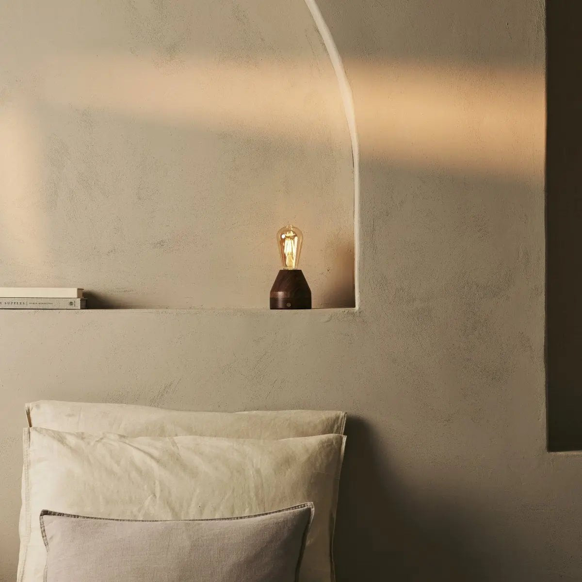 Zavi Walnut Rechargeable Table Lamp | LED, Cordless & 80-Hour Battery Life