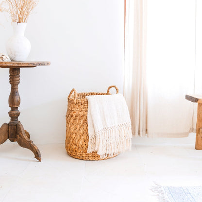 Water Hyacinth Laundry Basket - Boho Woven Hamper - Brown