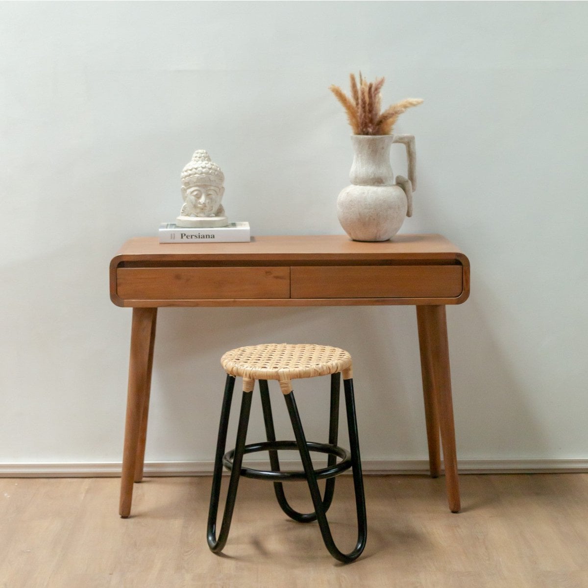 Rattan Stool with Woven Seat – Black Round Accent Stool, 35cm