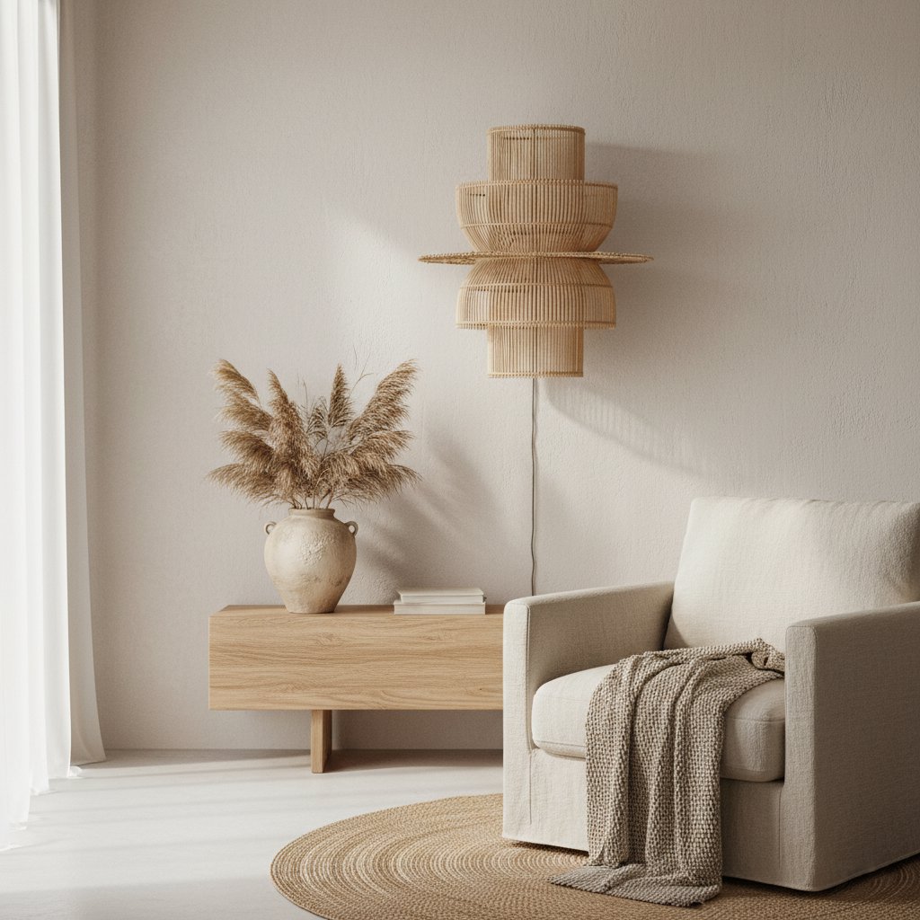 Rattan Wall Lamp - Saturn Handwoven Light Fixture with Fabric Cord