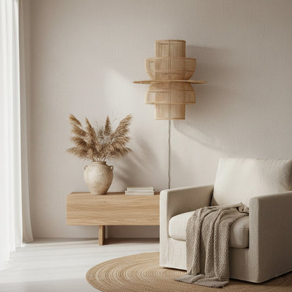 Rattan Wall Lamp - Saturn Handwoven Light Fixture with Fabric Cord