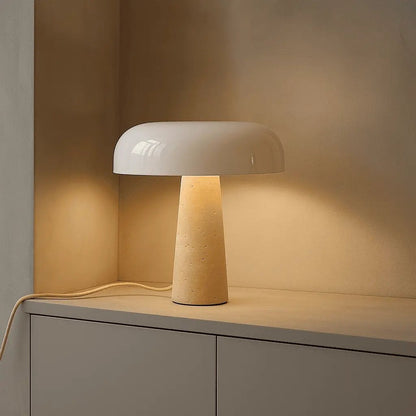 Travertine Table Lamp with Glass Shade - Elegant Natural Stone Design